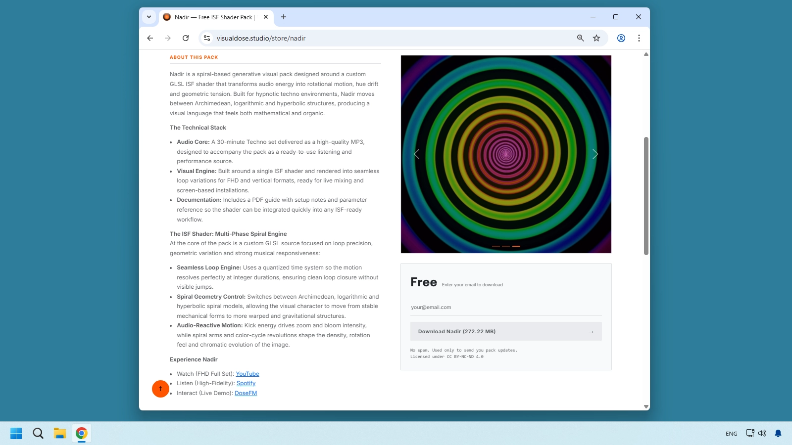Visual Dose store page showing the free Nadir ISF shader pack download button