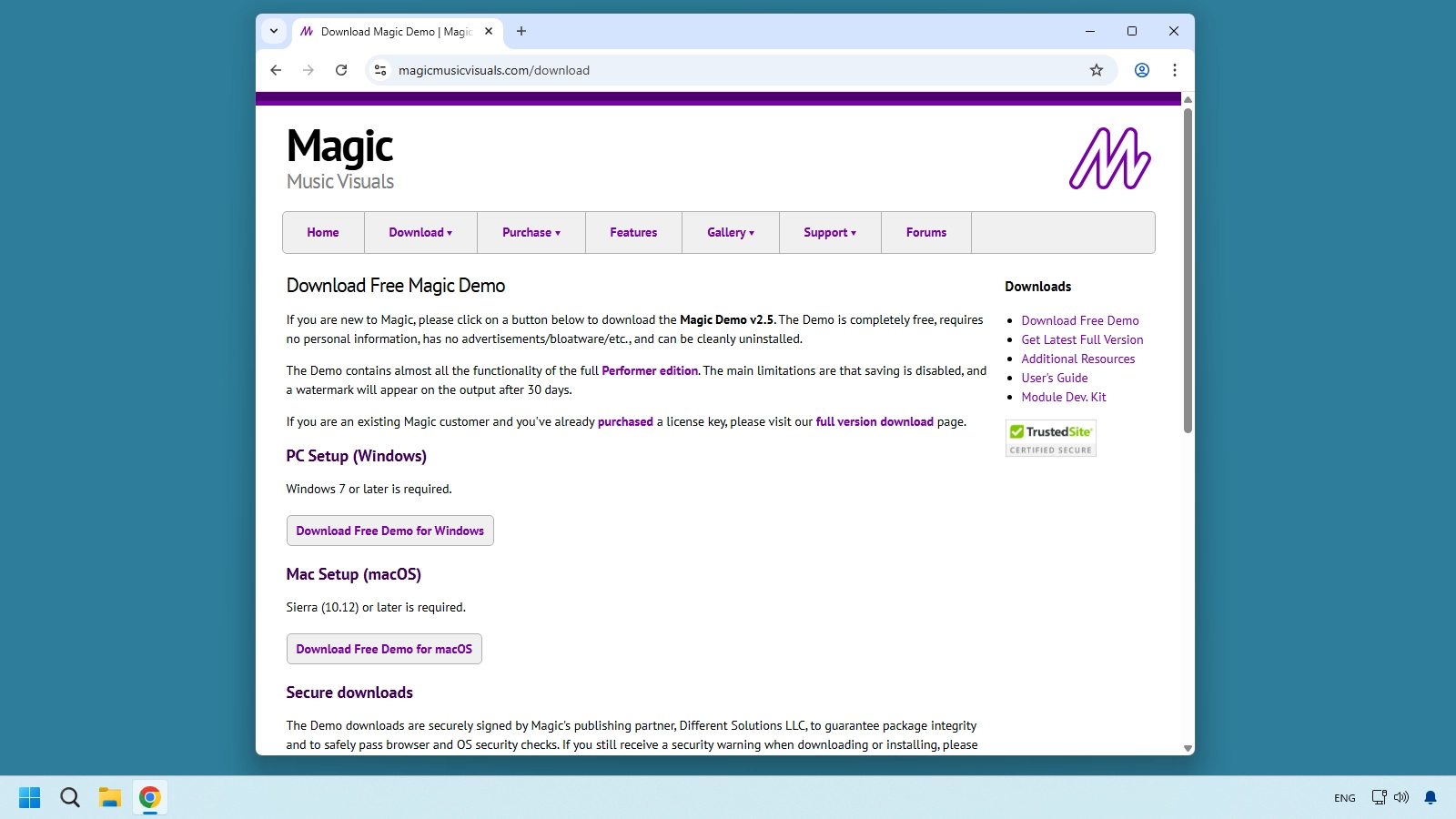 Magic Music Visuals download page with the Windows demo download option