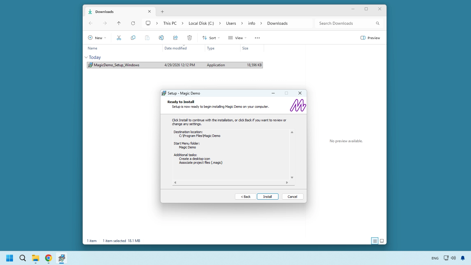 Magic Demo installer on Windows with Create a desktop icon option selected
