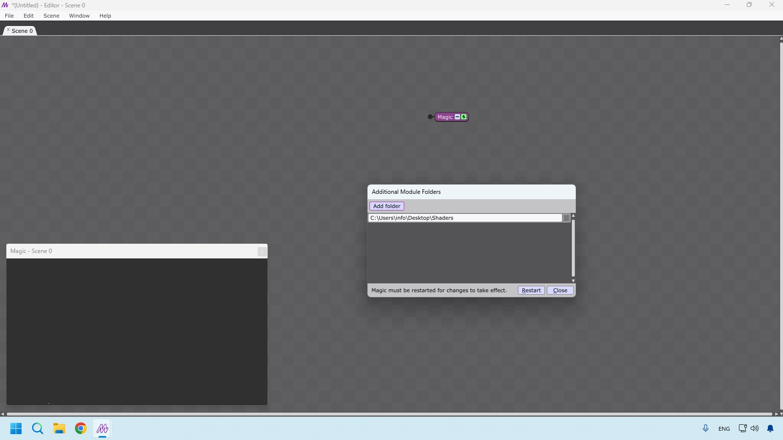 Additional Module Folders dialog with custom Shaders path added before restart