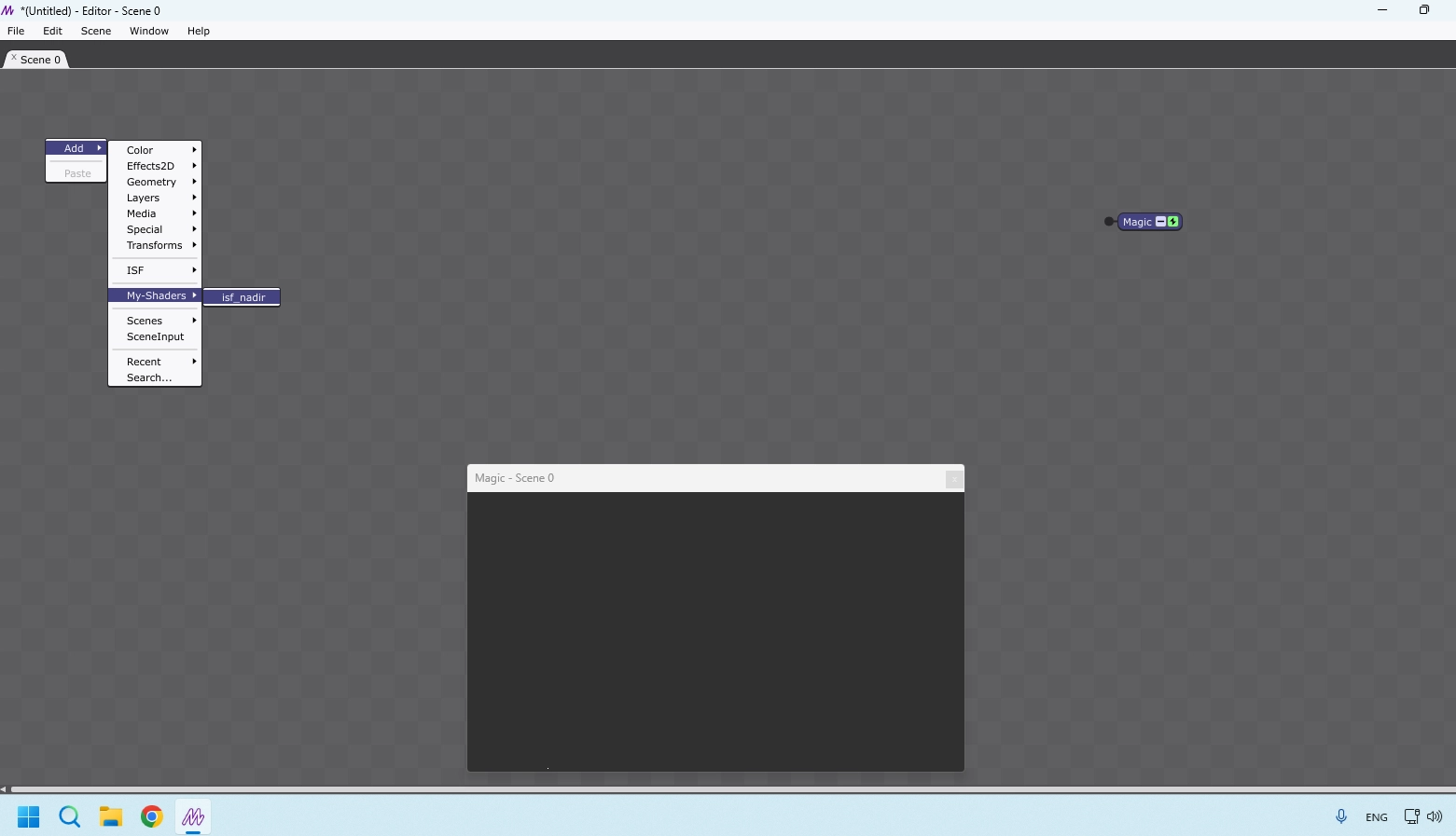 Magic Visuals right-click menu showing Add then My-Shaders then isf_nadir