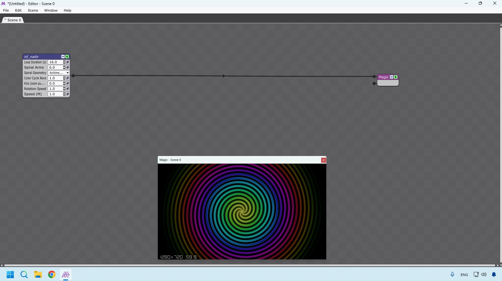 Magic Visuals patch with isf_nadir shader connected to Magic output at 1280x720 and 60fps