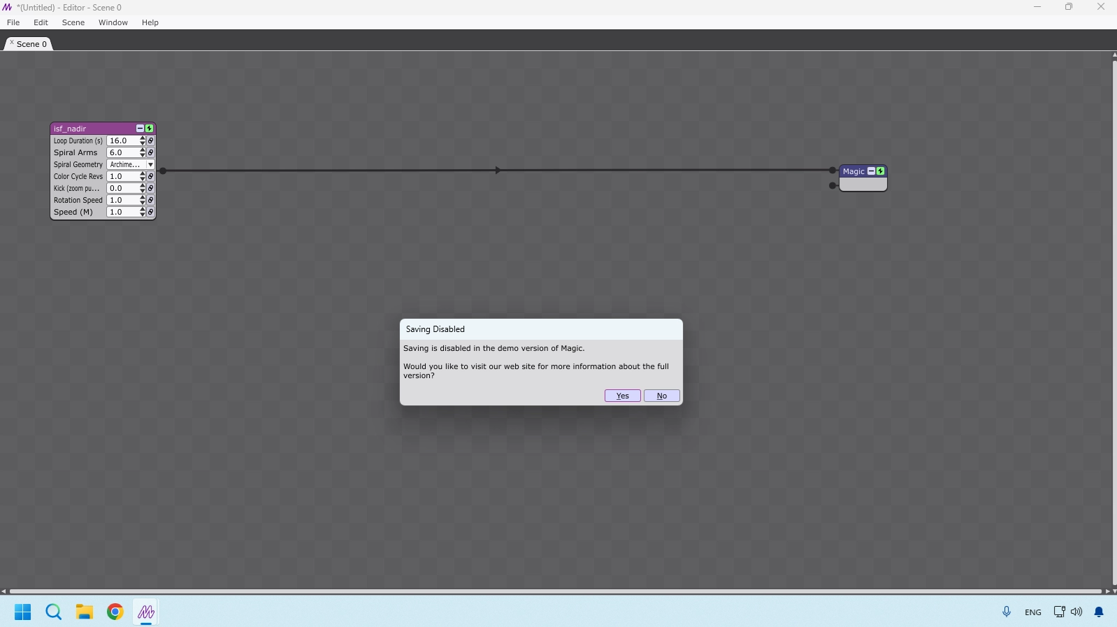 Magic Visuals demo version notice indicating limitations for saving and exporting projects