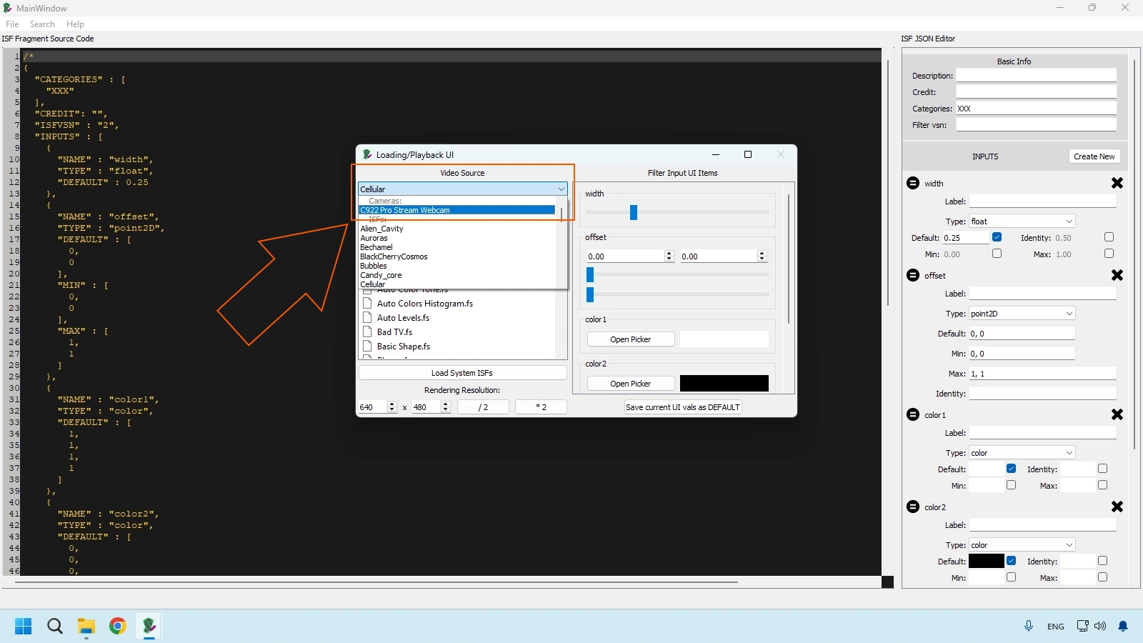 Using webcam as video input in ISF Editor Desktop on Windows
