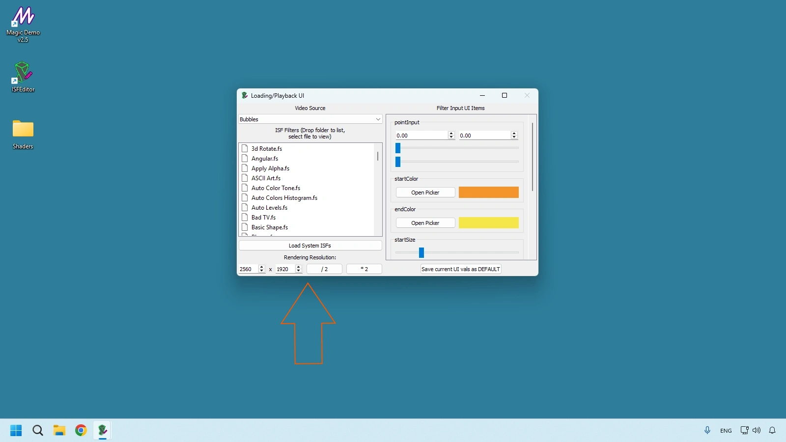 Rendering resolution options in ISF Editor Loading Playback UI
