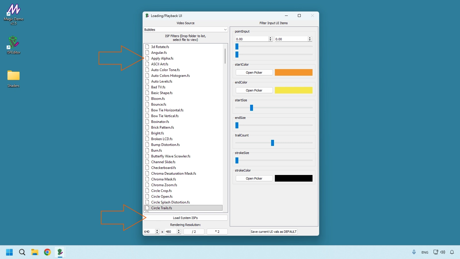 ISF shader list panel with Load System ISFs button