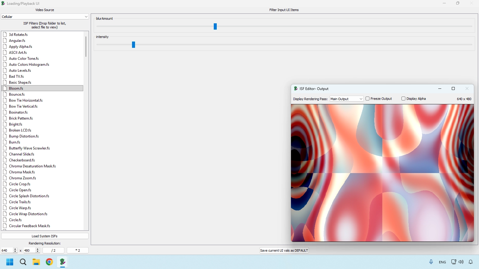 ISF Editor Loading Playback UI with shader controls and source settings