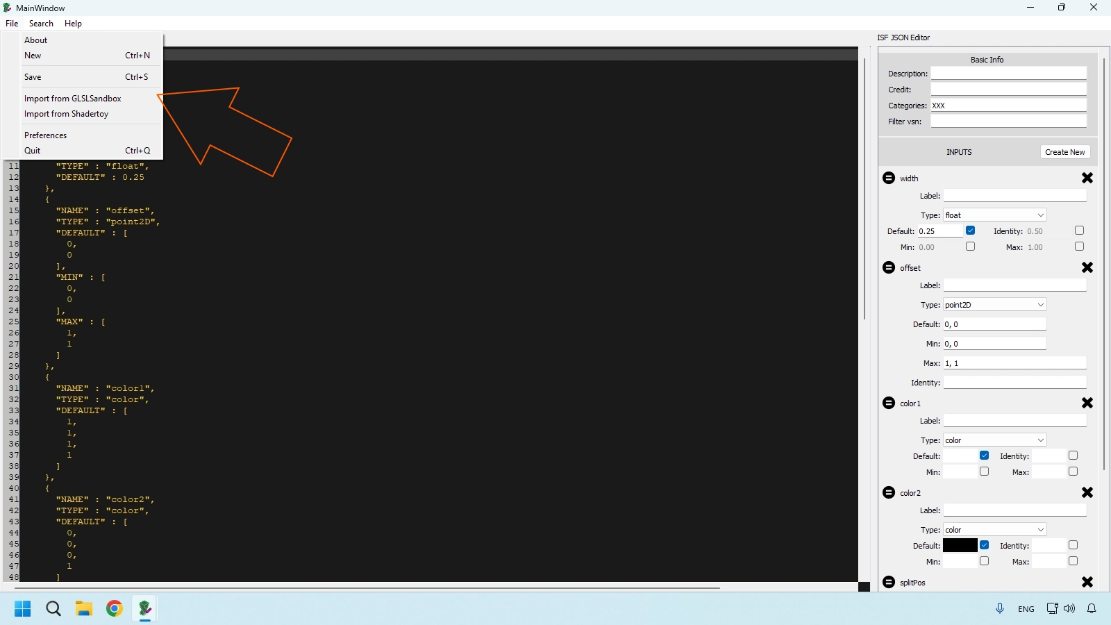 ISF Editor File menu with actions for shader file management
