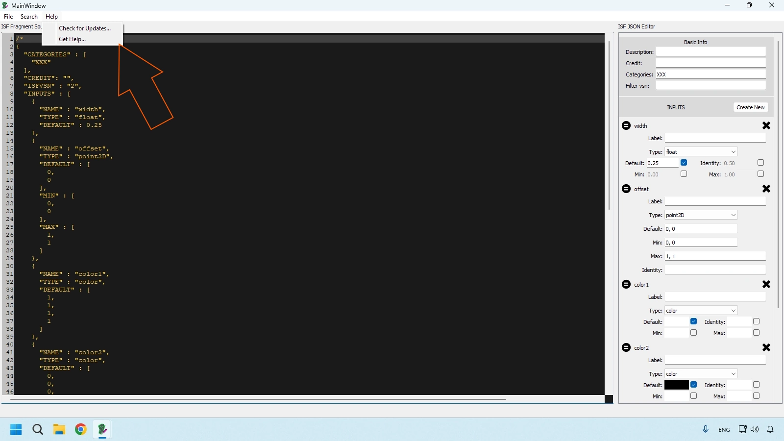 ISF Editor help menu with update check and documentation links