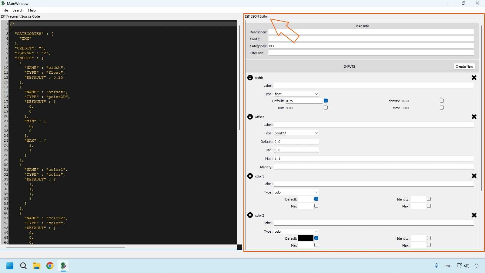 ISF JSON Editor panel where shader inputs are defined