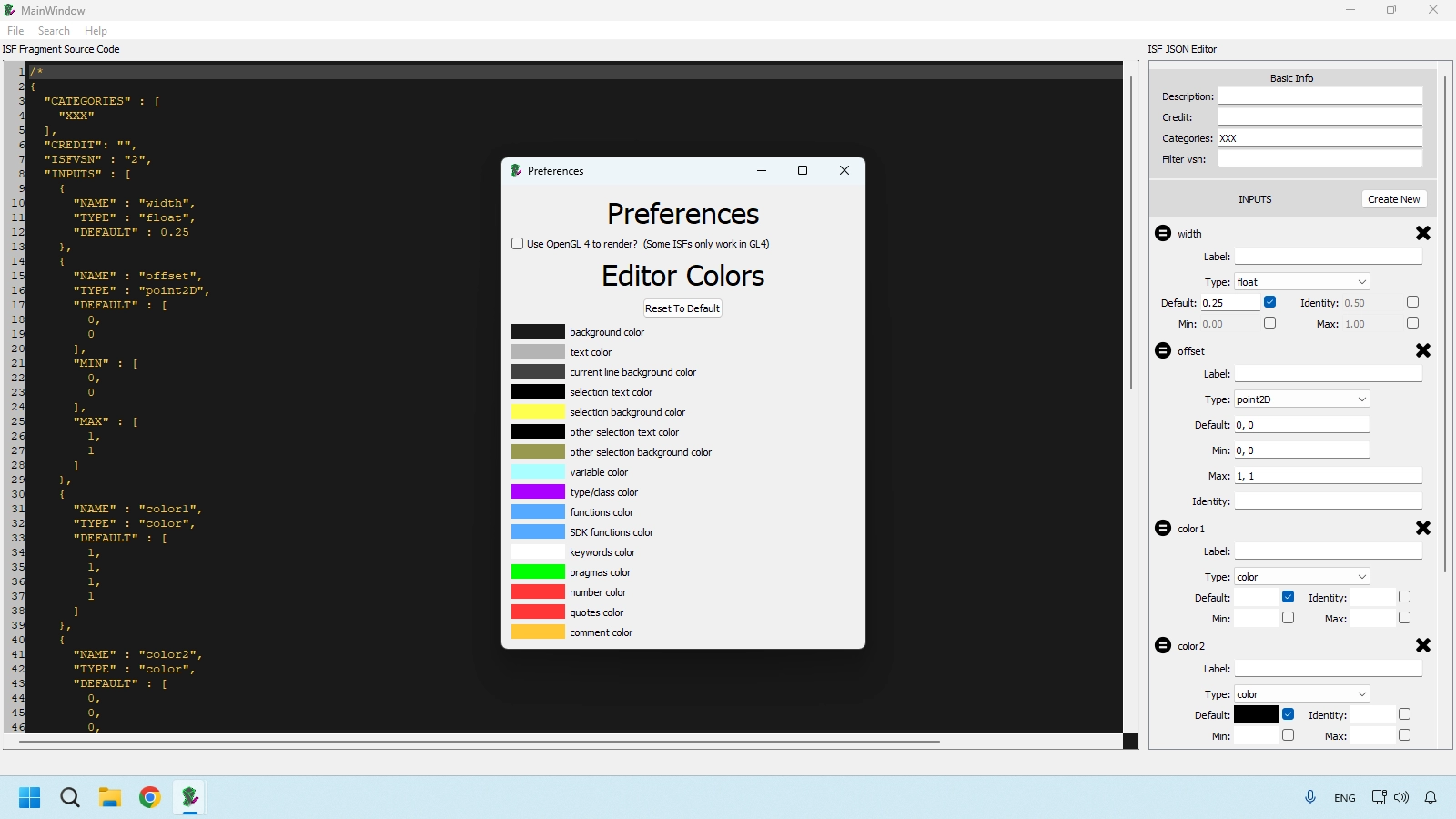 ISF Editor preferences panel with render and syntax color options