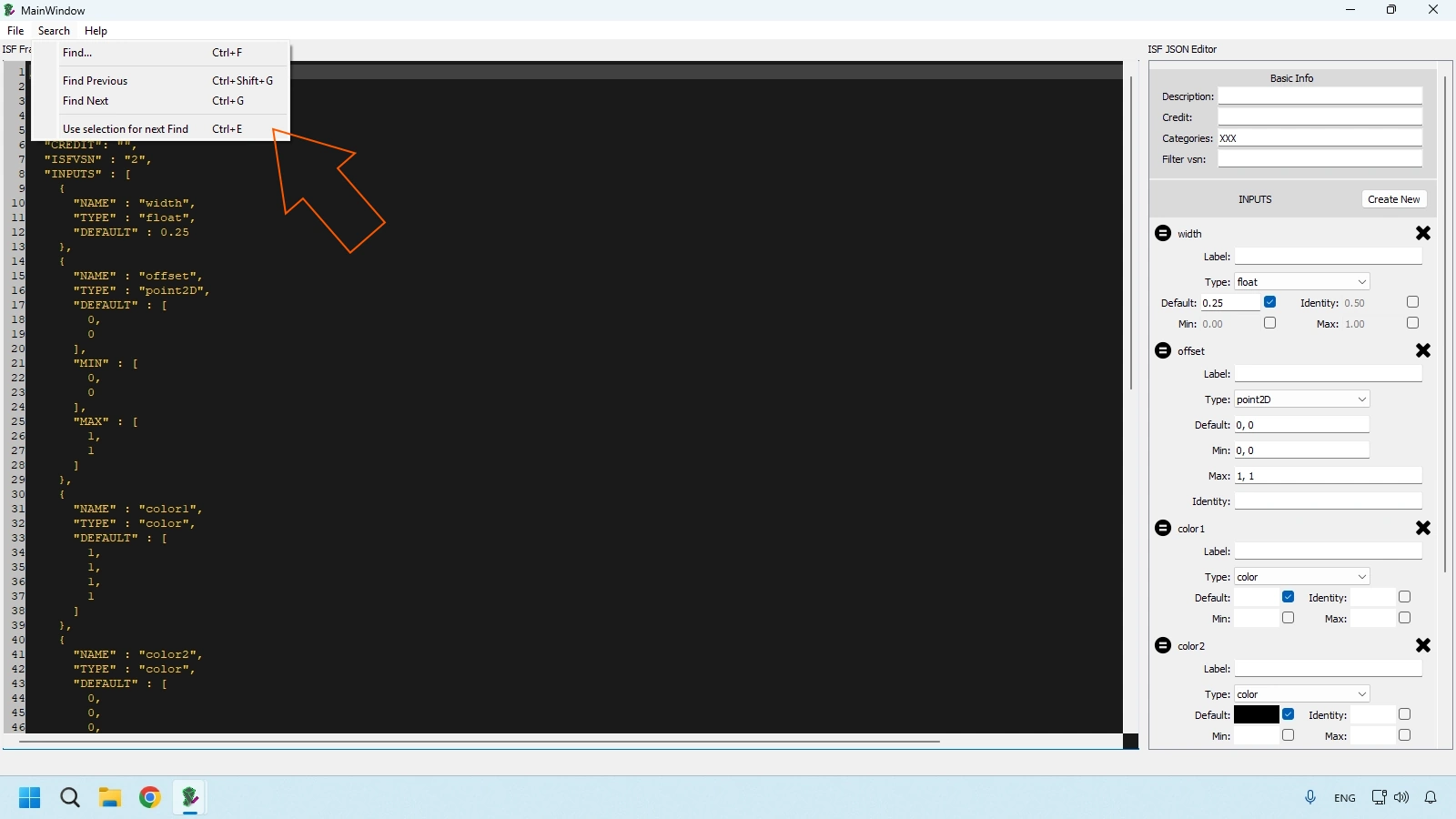 ISF Editor search menu with find and navigation actions