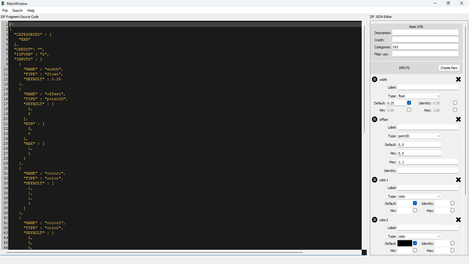 ISF Editor MainWindow with Fragment Source and JSON Editor panels