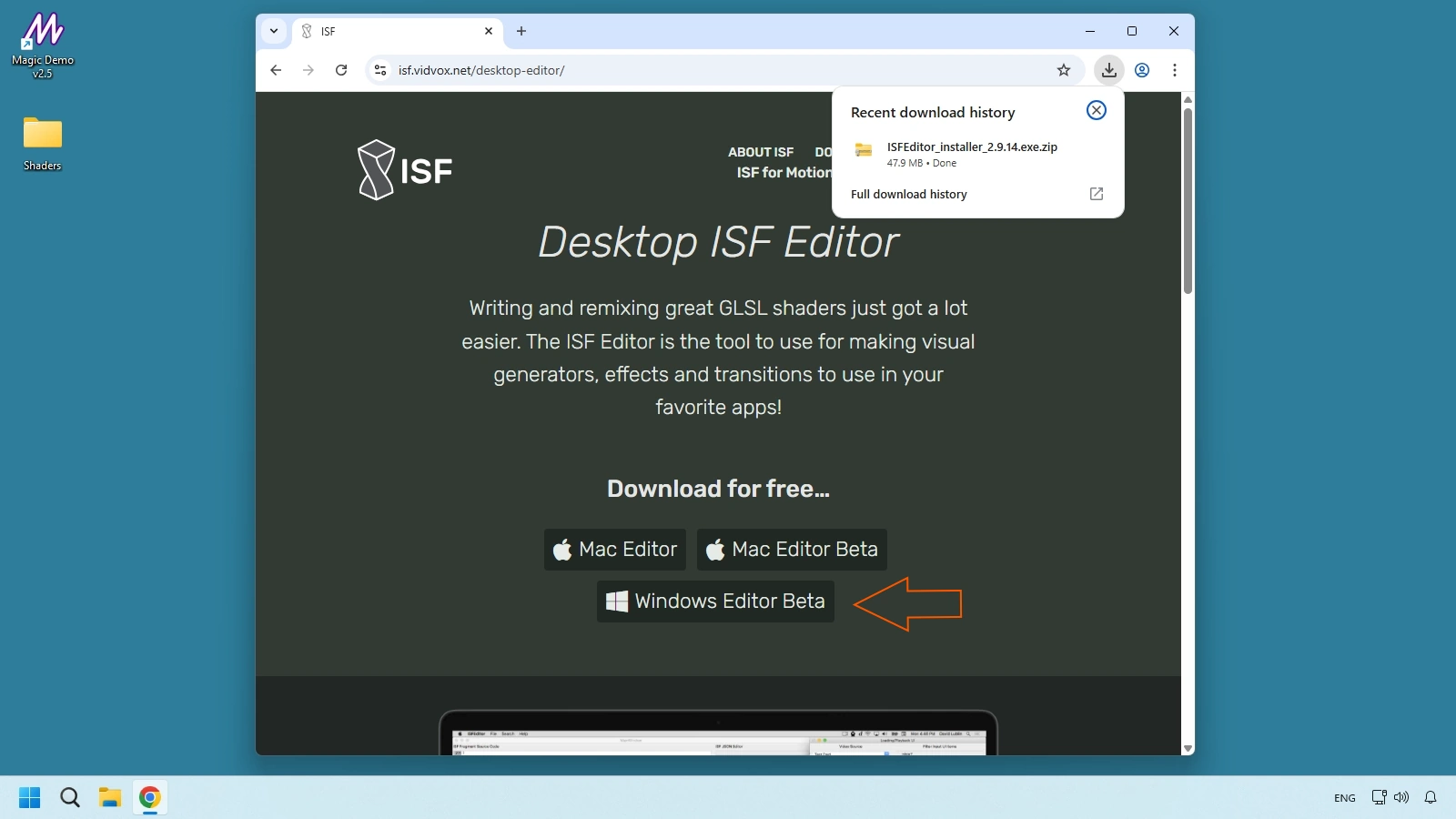 Official ISF Desktop Editor download page with Windows installer option
