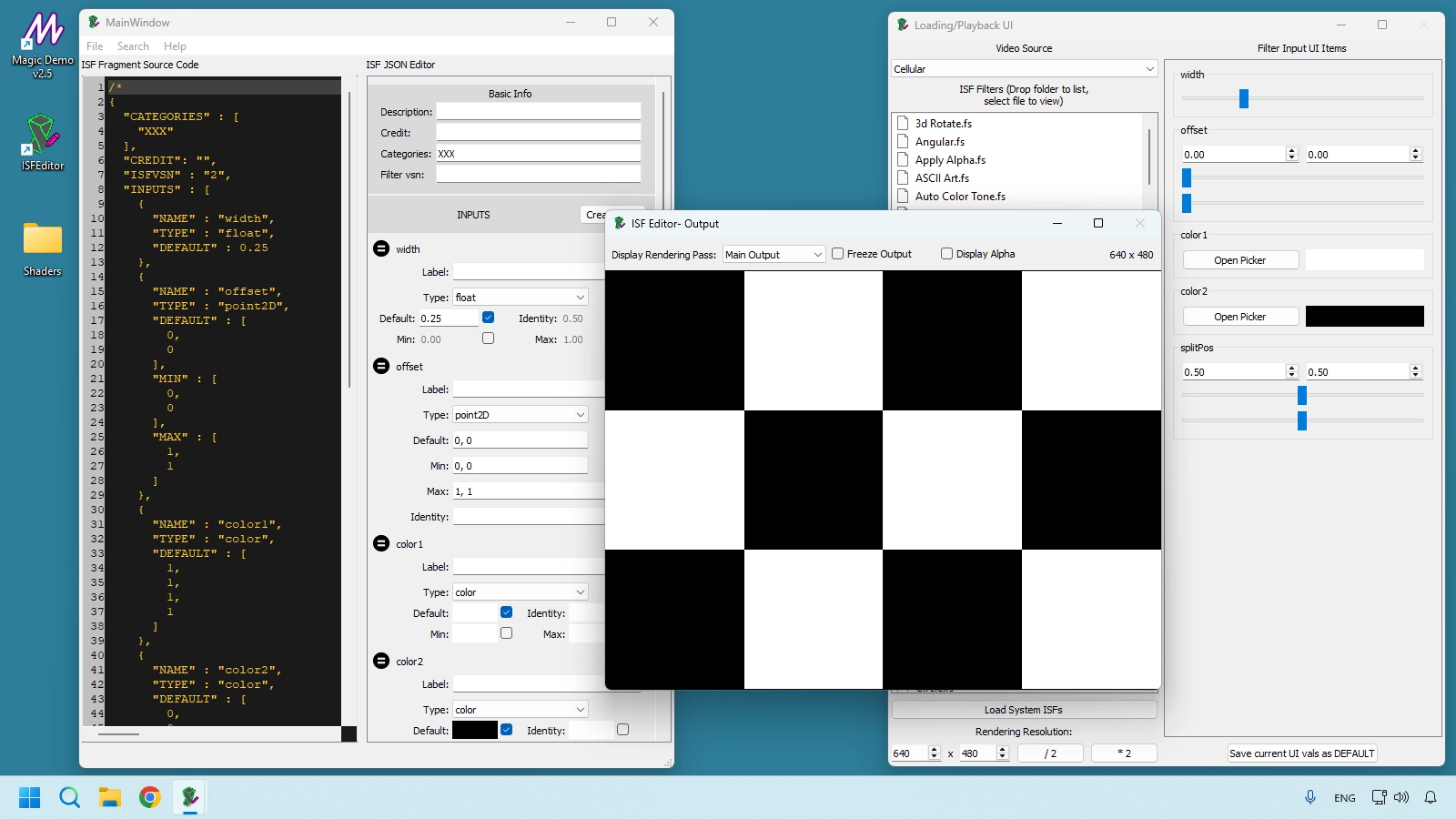 ISF Desktop Editor first launch showing three windows