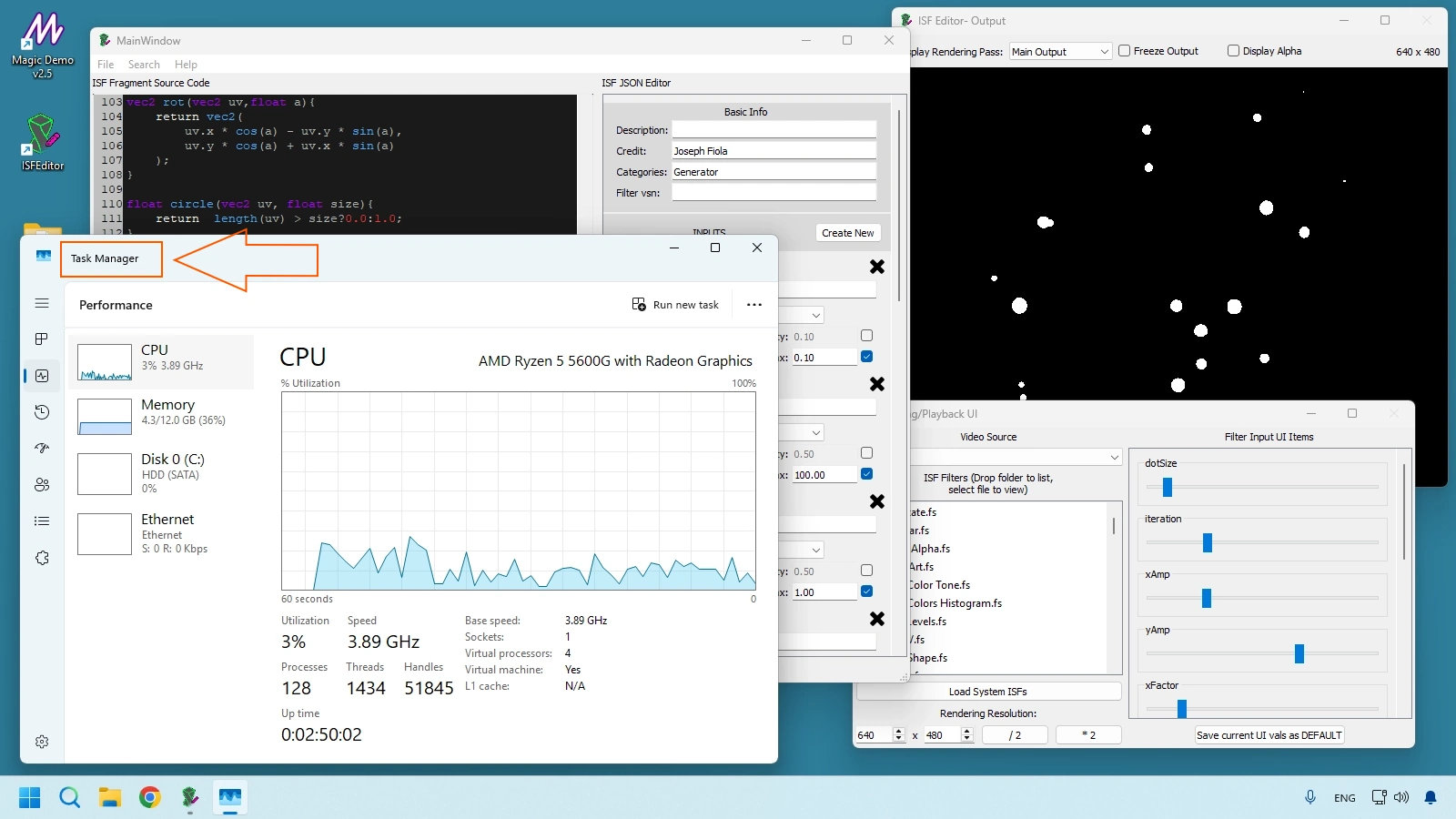 ISF Desktop Editor running a shader at full HD while GPU usage is monitored in Windows Task Manager for performance validation