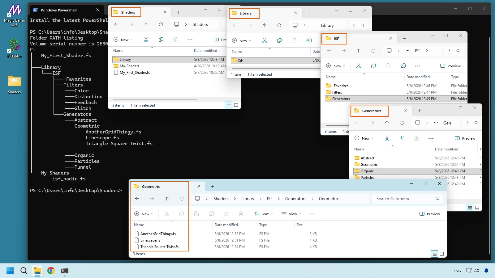 Windows folder structure for ISF shader organization by performance categories such as Generators Filters and Favorites