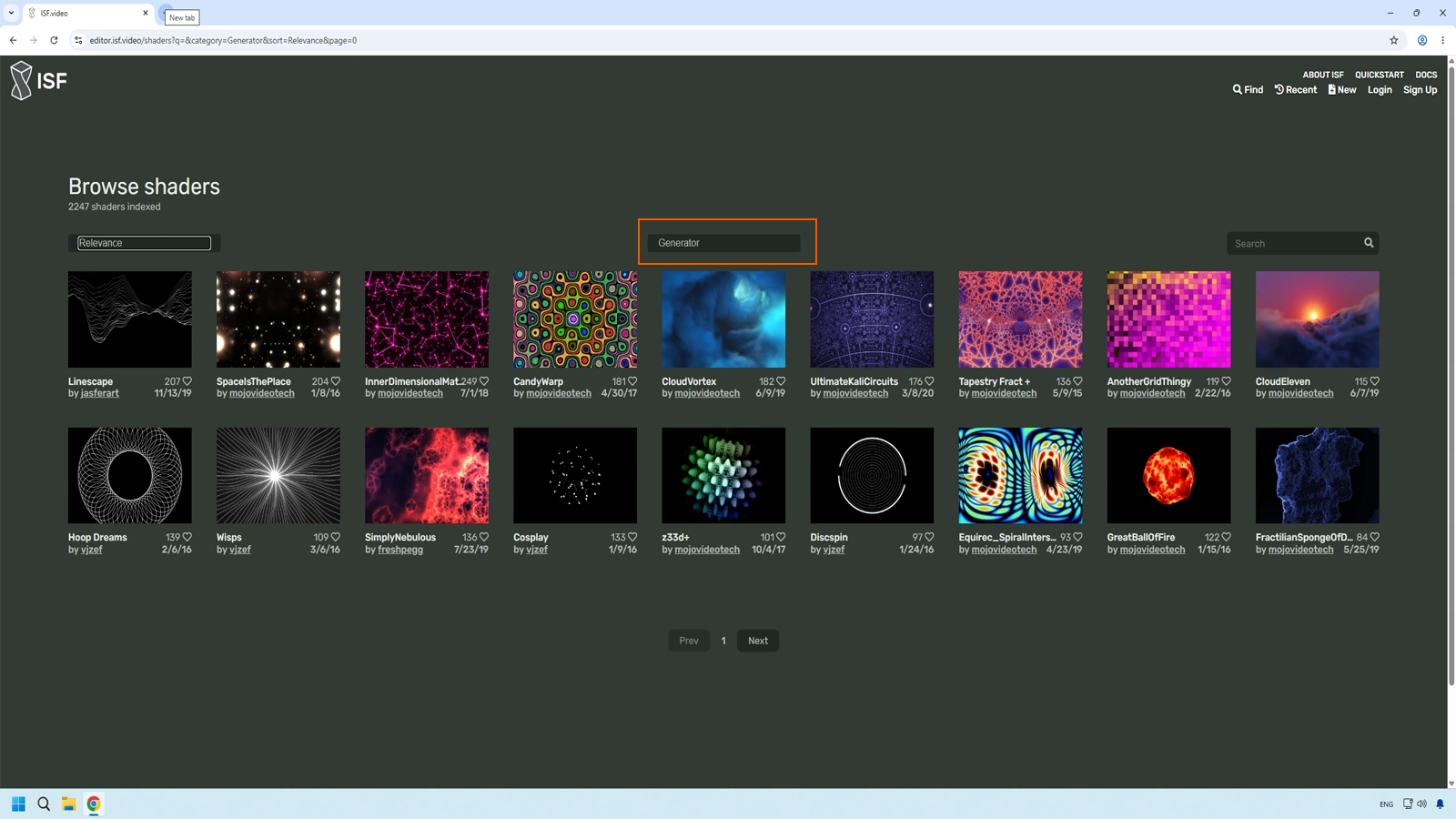 Browse filter selector showing Generator and Filter options to classify ISF shaders by type