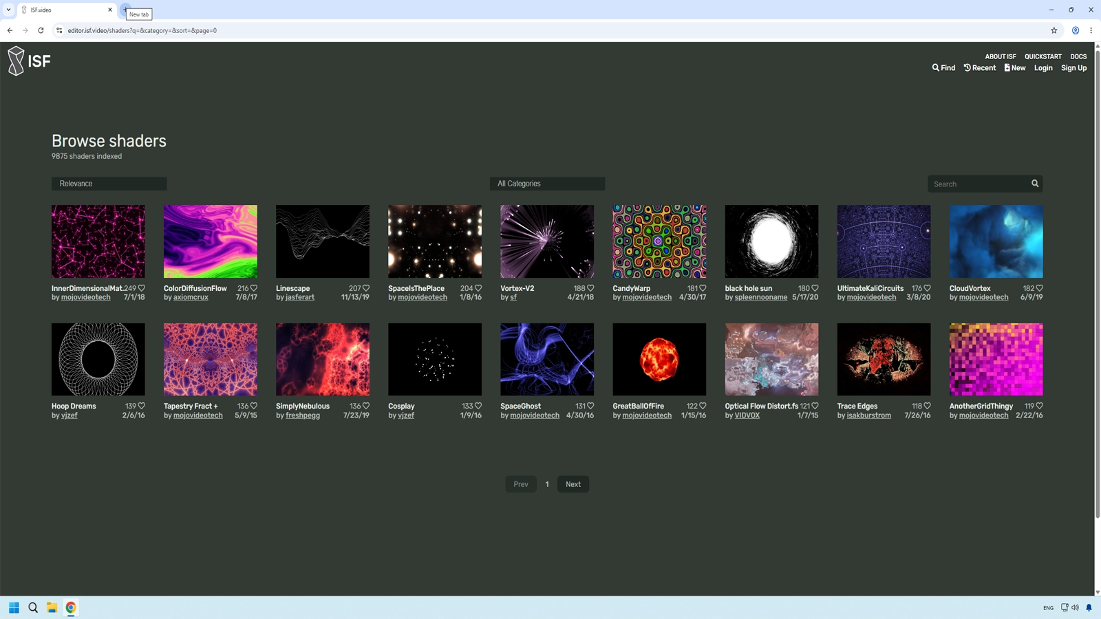 ISF Browse catalog grid with multiple animated shader thumbnails, names, and author metadata