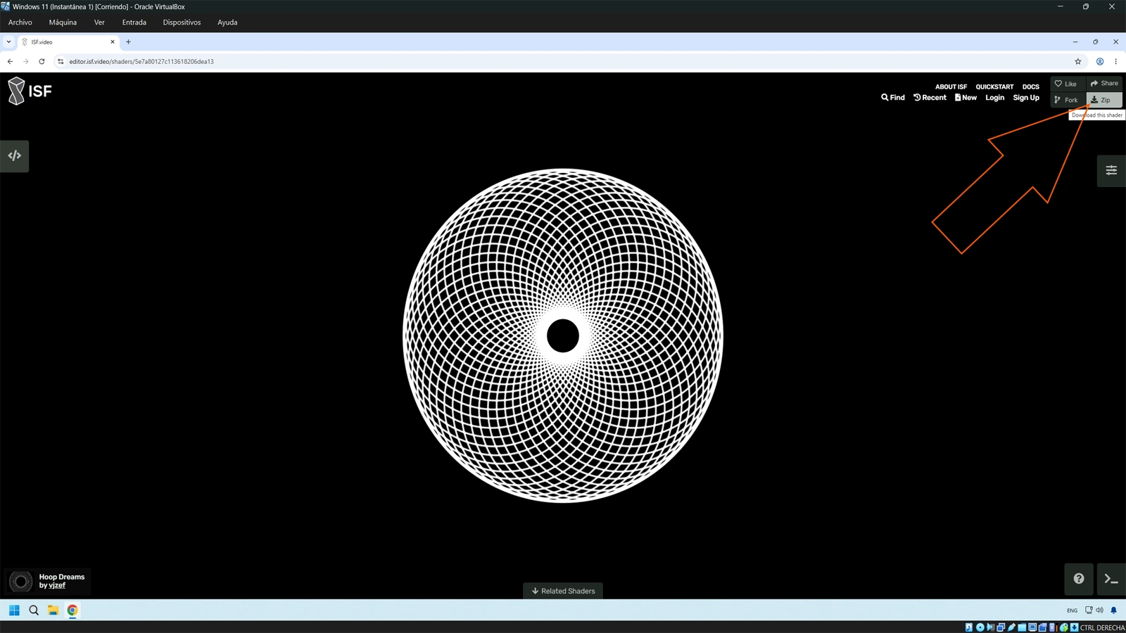 ISF shader detail interface showing the download button location for exporting a .fs shader file