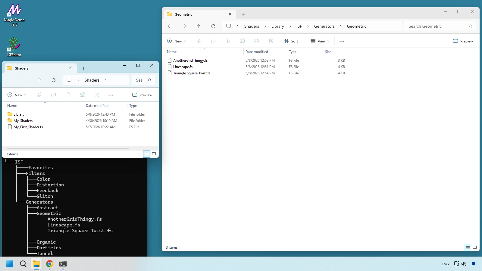 Windows Explorer folder with downloaded .fs ISF shader files organized in category-based subfolders