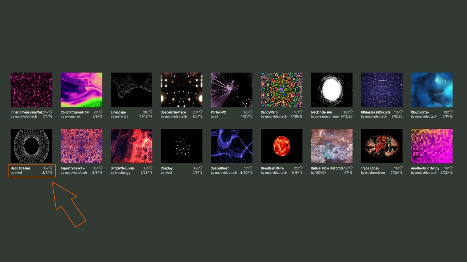 Detailed anatomy of ISF shader cards showing animated thumbnail title author and type metadata