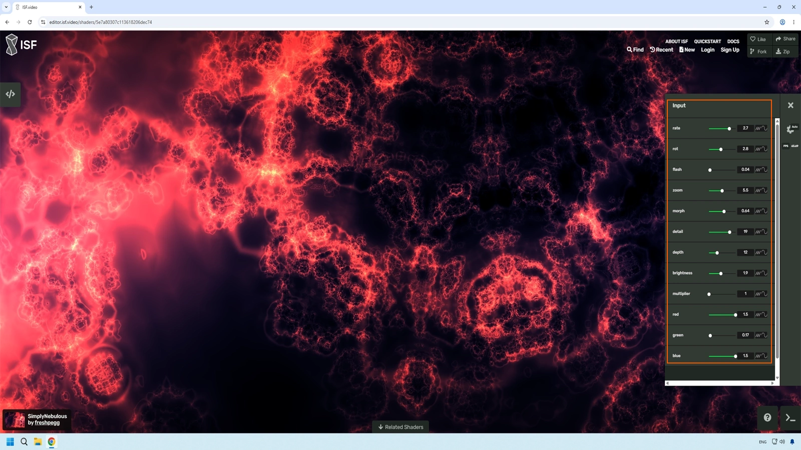ISF shader detail view with live preview interactive controls and source code panel visible