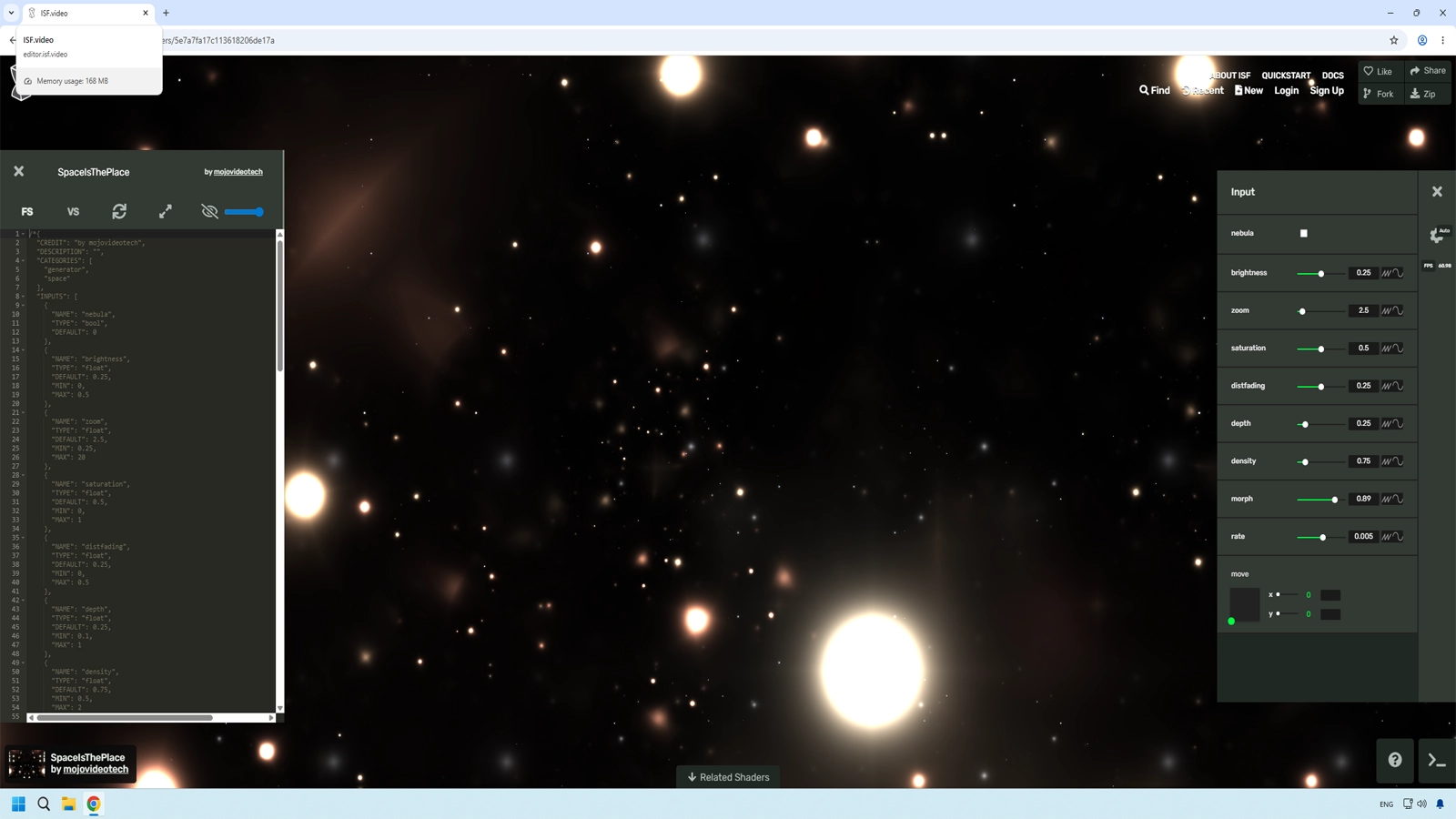 ISF web editor full interface with code panel, live preview, and interactive controls