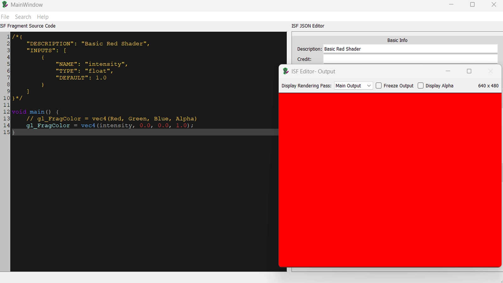 ISF Desktop Editor with minimal red GLSL shader and solid red output preview