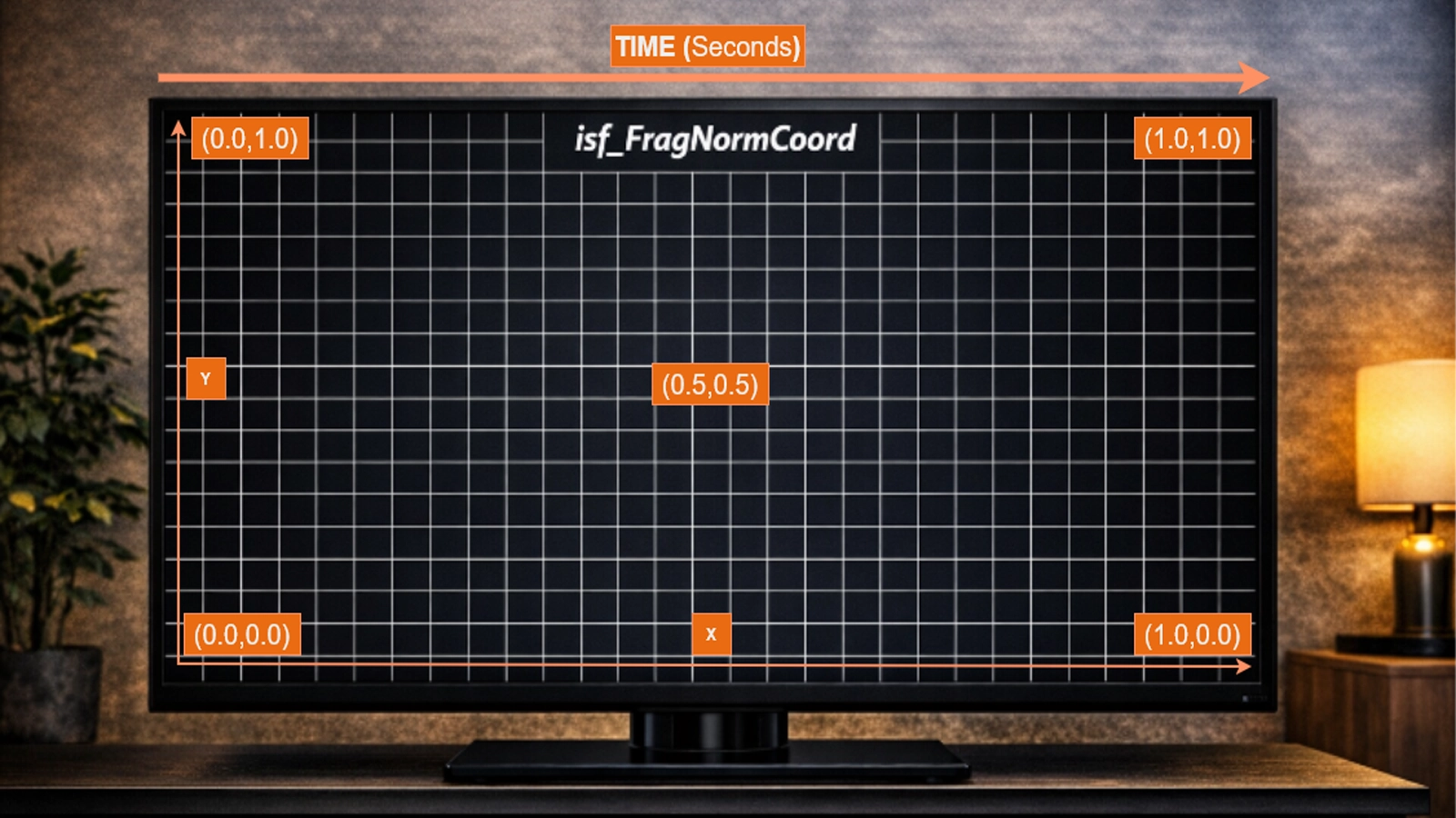 Diagram explaining TIME animation axis and isf_FragNormCoord normalized coordinate grid