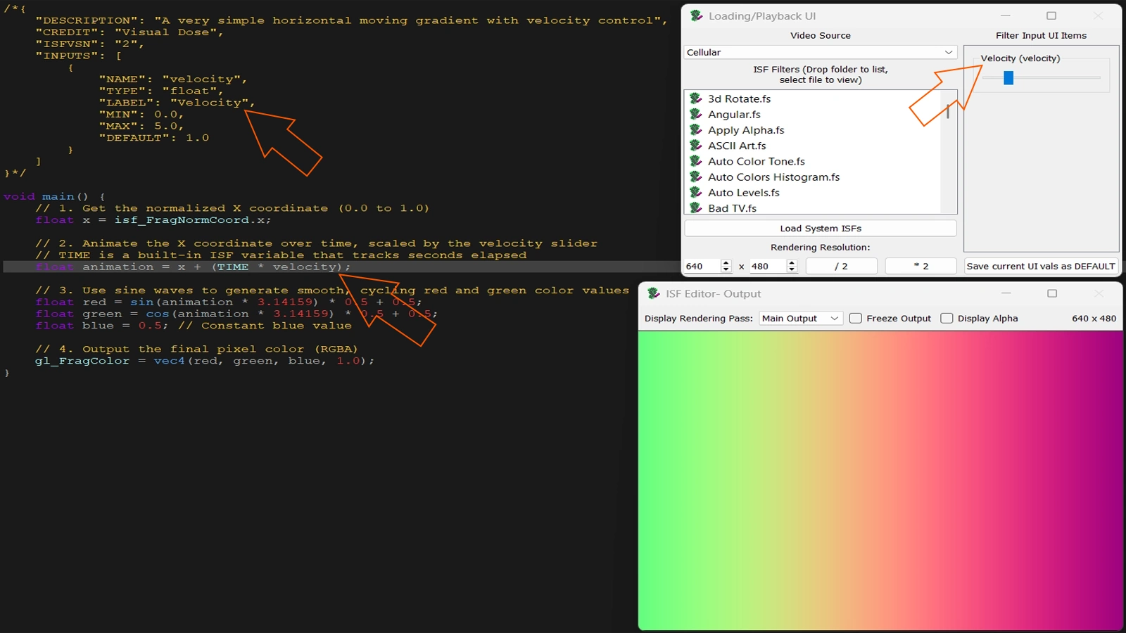 Diagram linking JSON NAME field to matching GLSL uniform variable