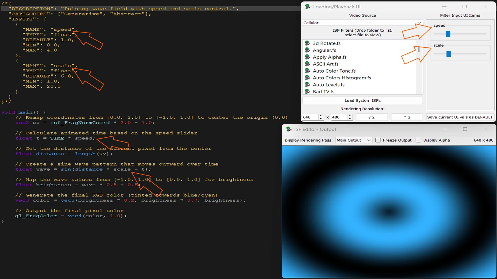 ISF Desktop Editor with wave shader JSON controls and animated output preview