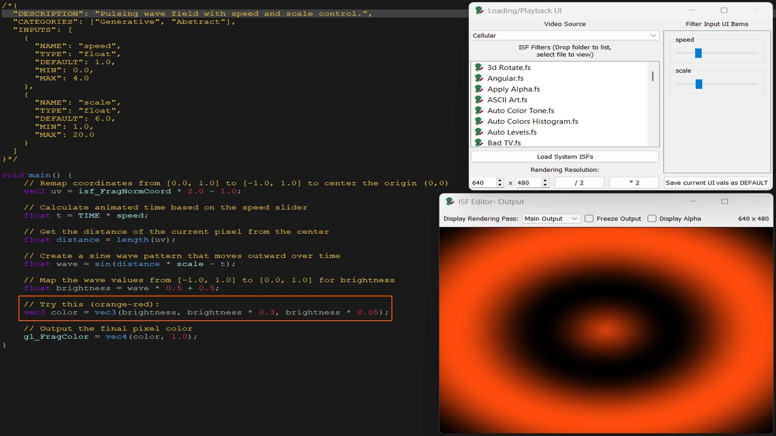 ISF Editor output showing wave shader recolored to a warm palette