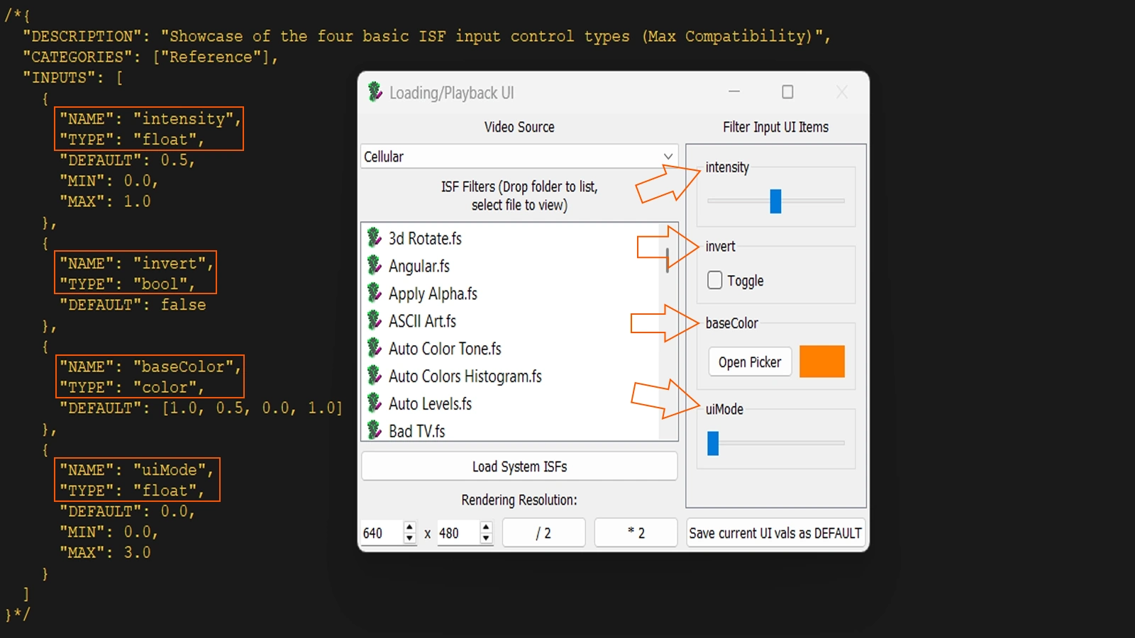 ISF Editor UI showing float slider bool toggle and color picker controls generated from JSON