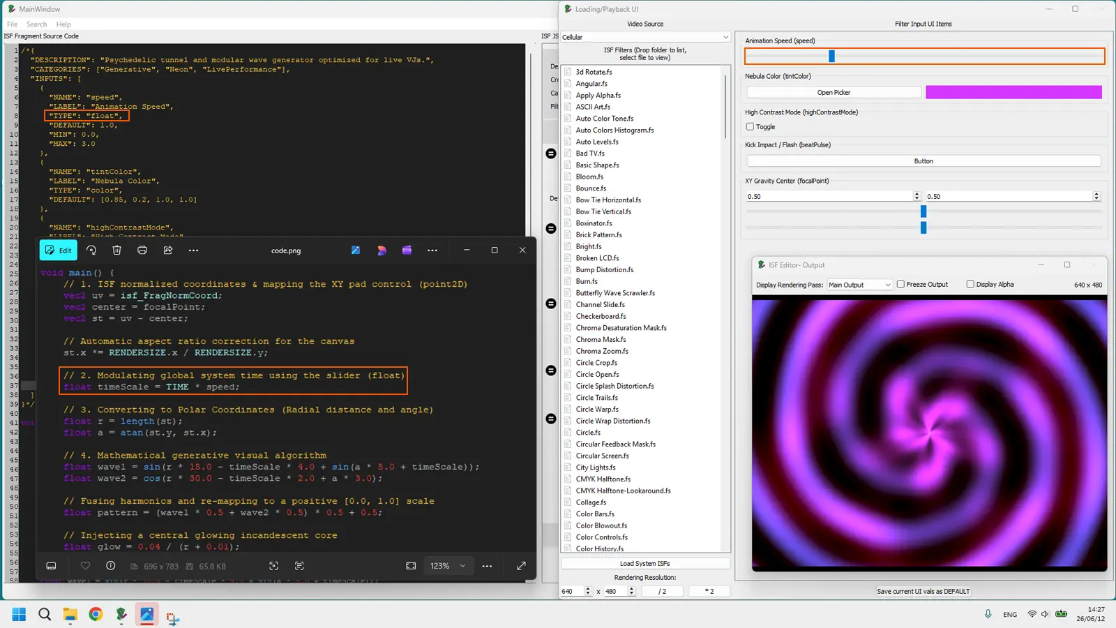 ISF JSON float input block alongside the matching GLSL uniform variable and a host slider control