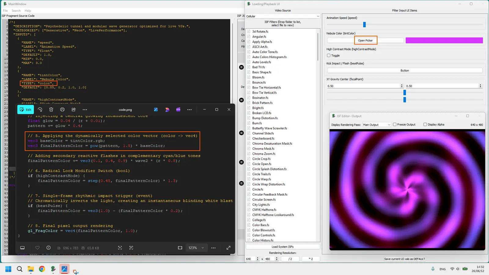 ISF color input control showing RGBA color picker in host alongside the vec4 uniform it creates in GLSL