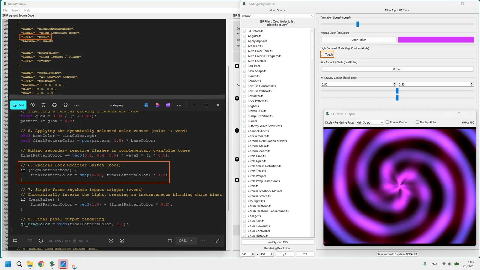 ISF bool toggle control in host UI alongside GLSL conditional that switches between two visual states