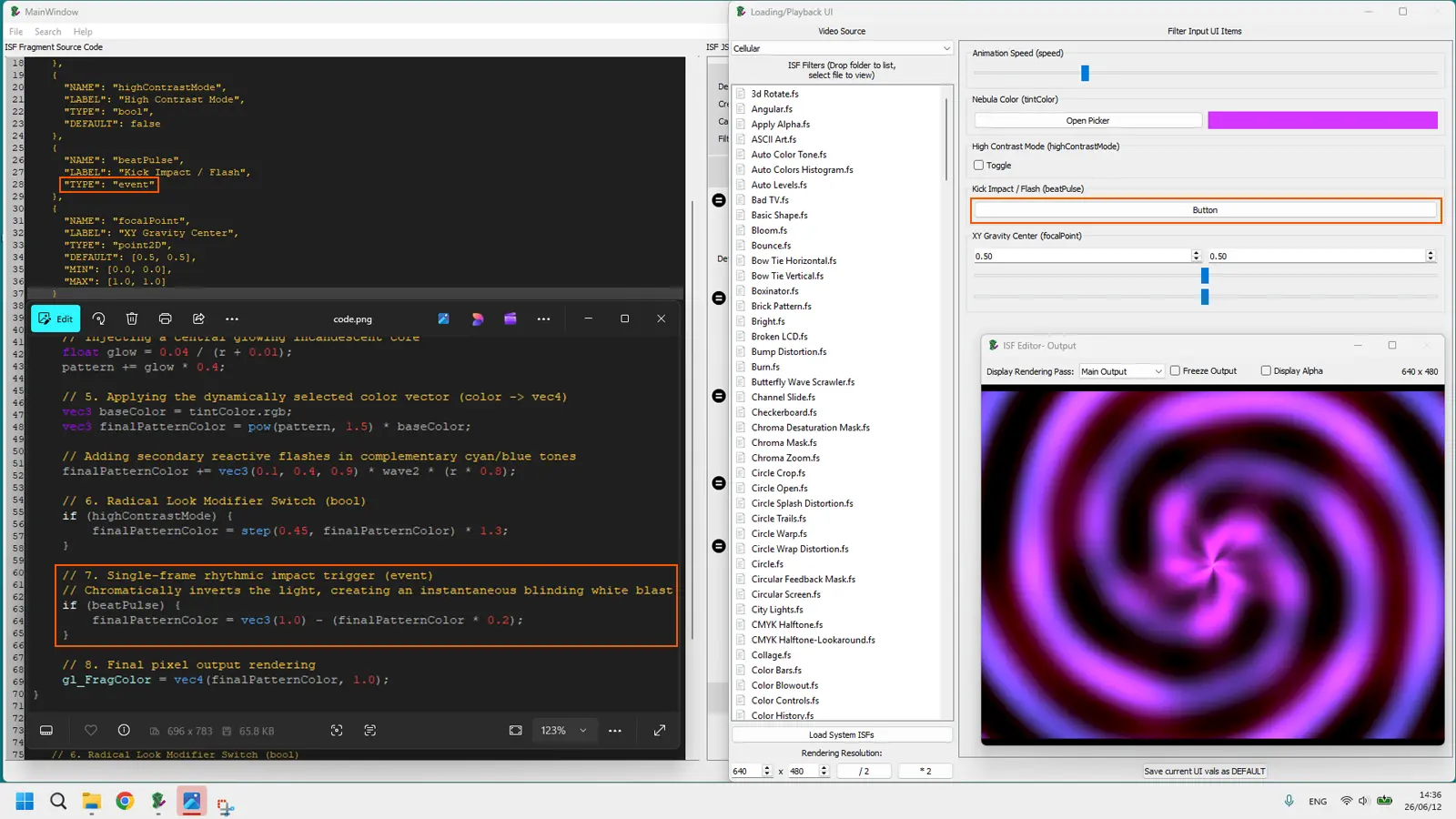 ISF event input triggering a single-frame white flash in the shader output, shown as a timeline with one bright frame