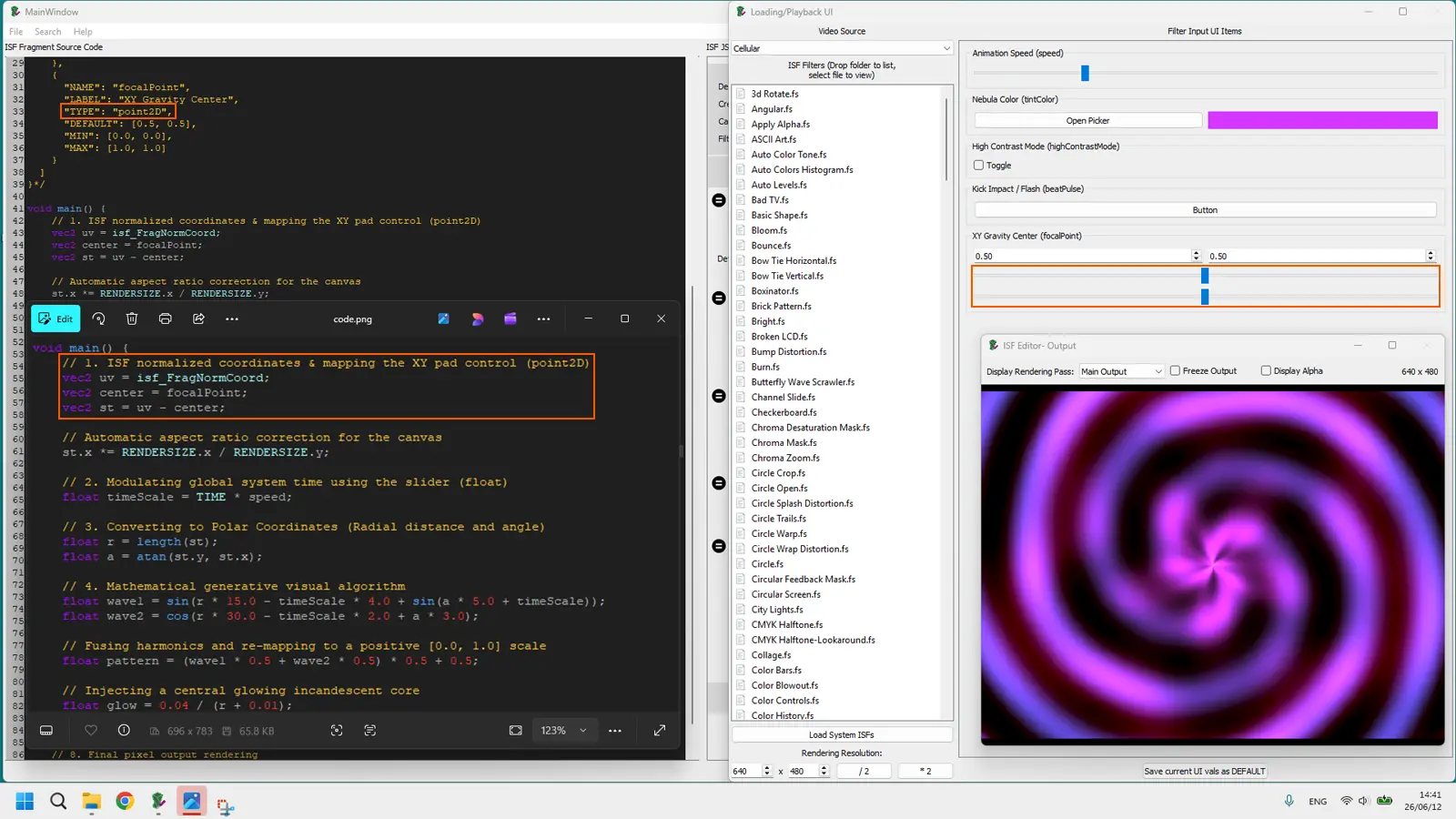 ISF point2D XY pad control in host UI moving the focal point of a radial shader pattern in real time
