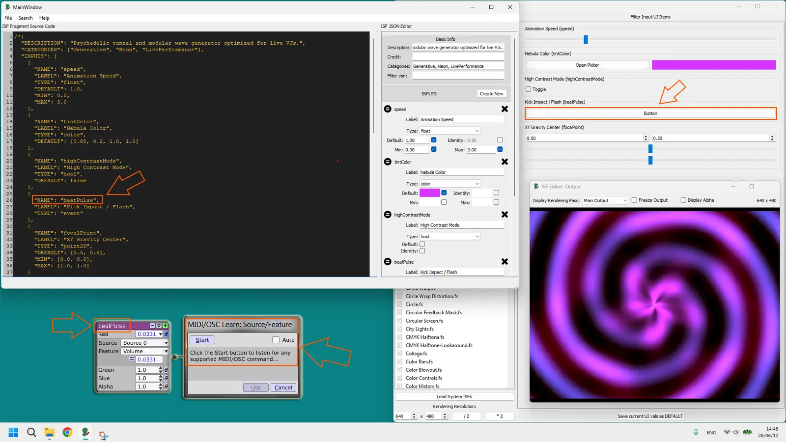 VJ host software MIDI learn panel mapping a physical MIDI knob to an ISF shader float parameter
