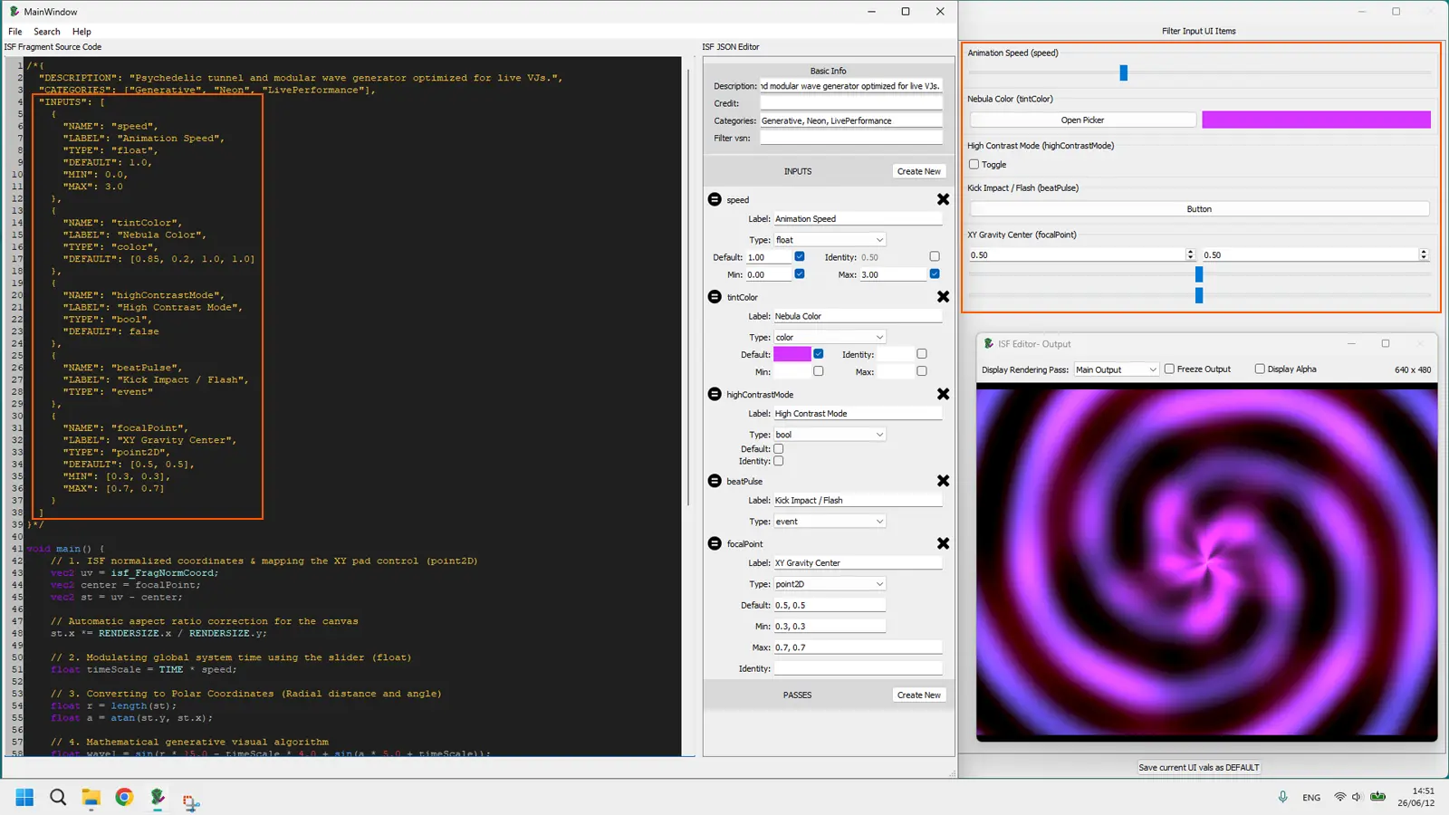 ISF Desktop Editor showing the plasma tunnel shader with five JSON input types rendered as six host controls: speed slider, tint color picker, highContrastMode toggle, beat event button, and focal-point X/Y axes