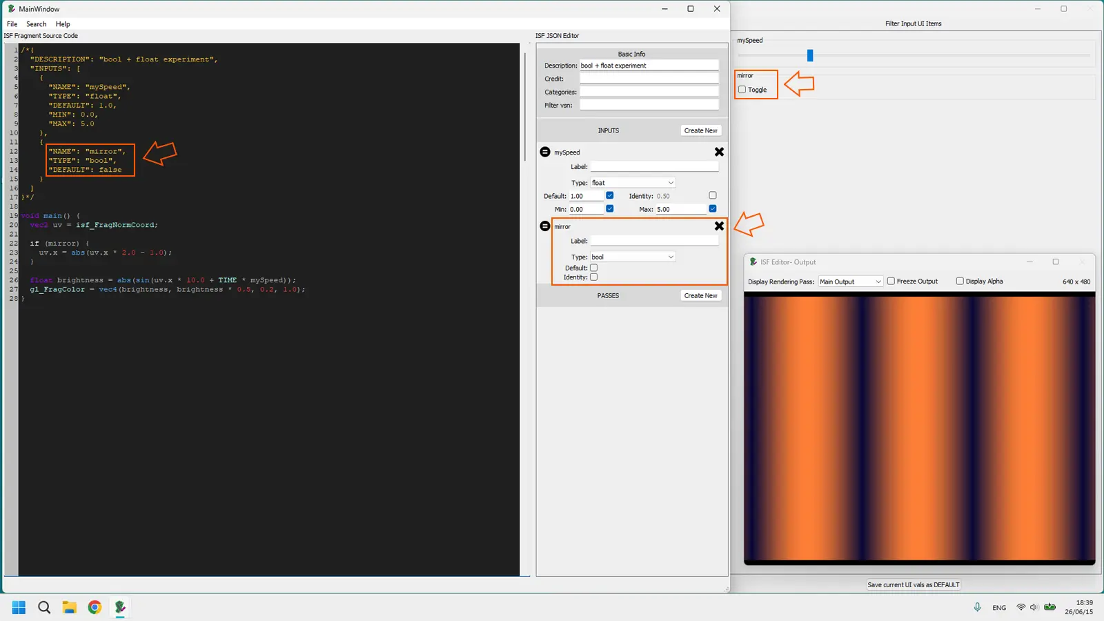 ISF Editor playback UI showing a bool uniform rendered as a checkbox toggle for enabling and disabling a shader effect