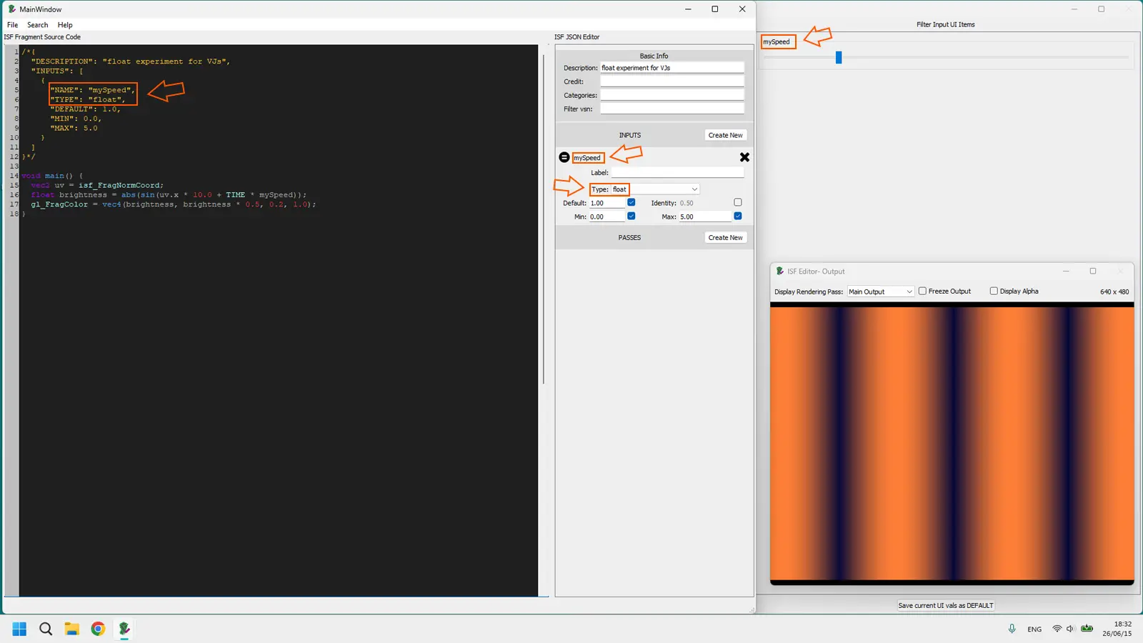 ISF Editor showing a float uniform named mySpeed connected to a slider control in the playback UI