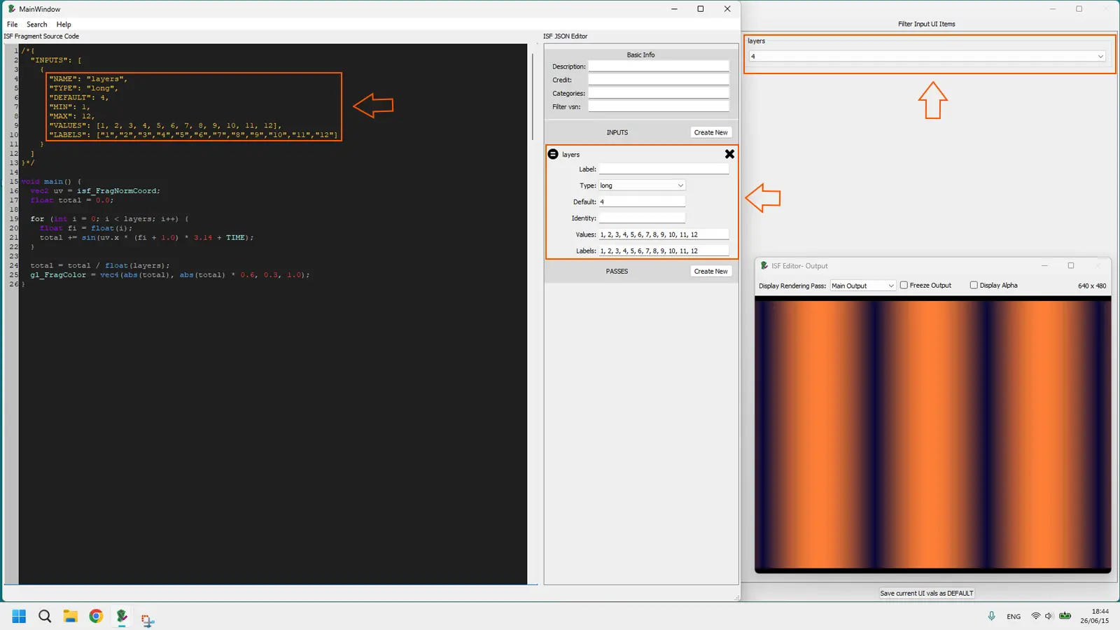 ISF Editor showing an int uniform used as a repetition counter controlling the number of visual layers in a generative shader