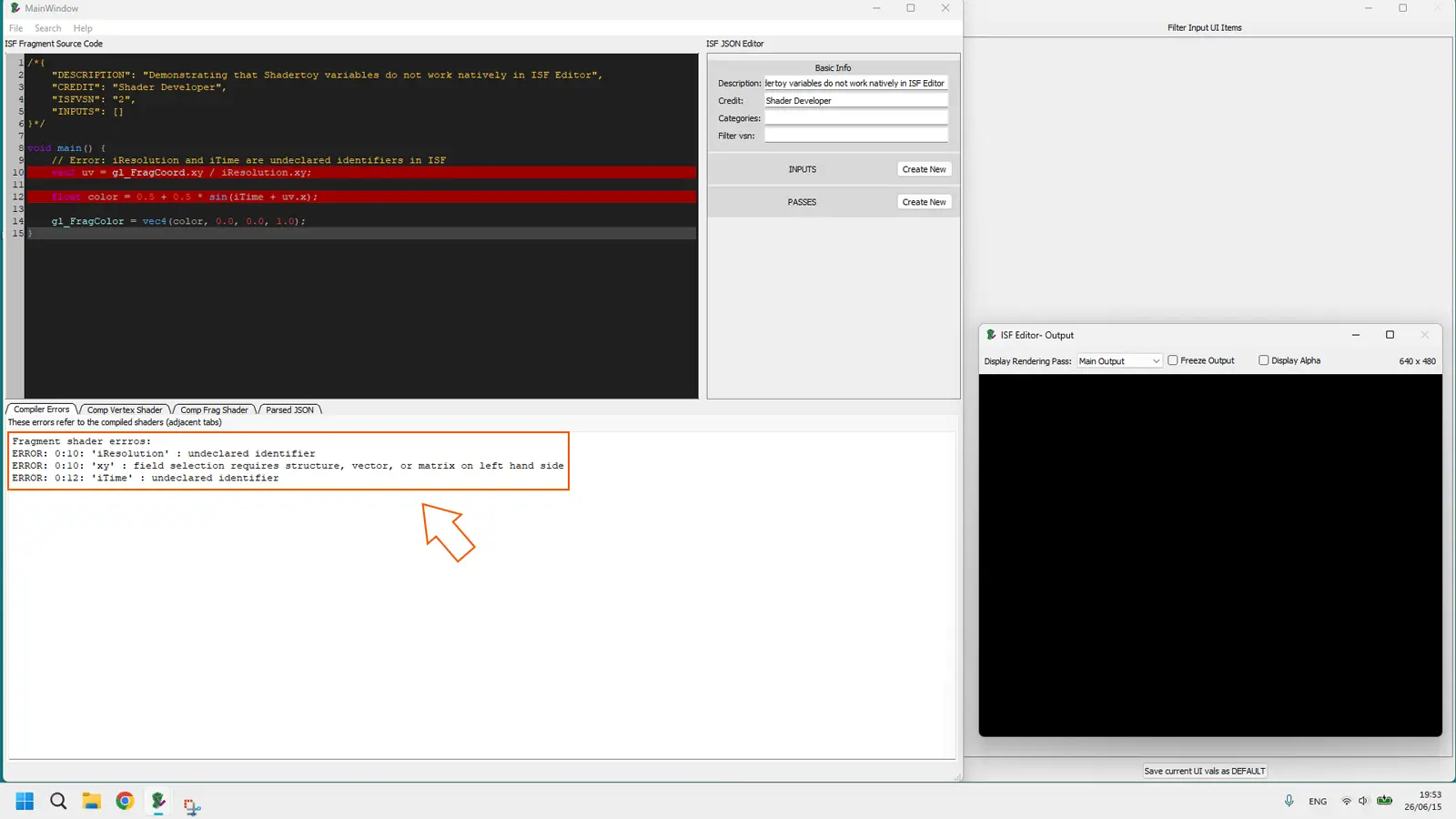 ISF Editor showing a black screen error after pasting a Shadertoy GLSL snippet with type mismatches highlighted in the error bar