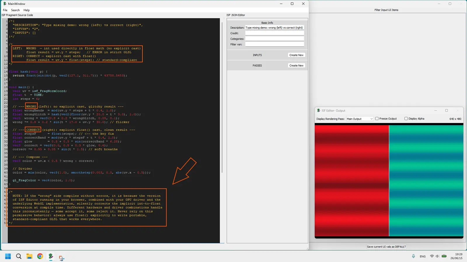 Side-by-side comparison of wrong and correct GLSL type mixing showing error code and fixed version with float conversion