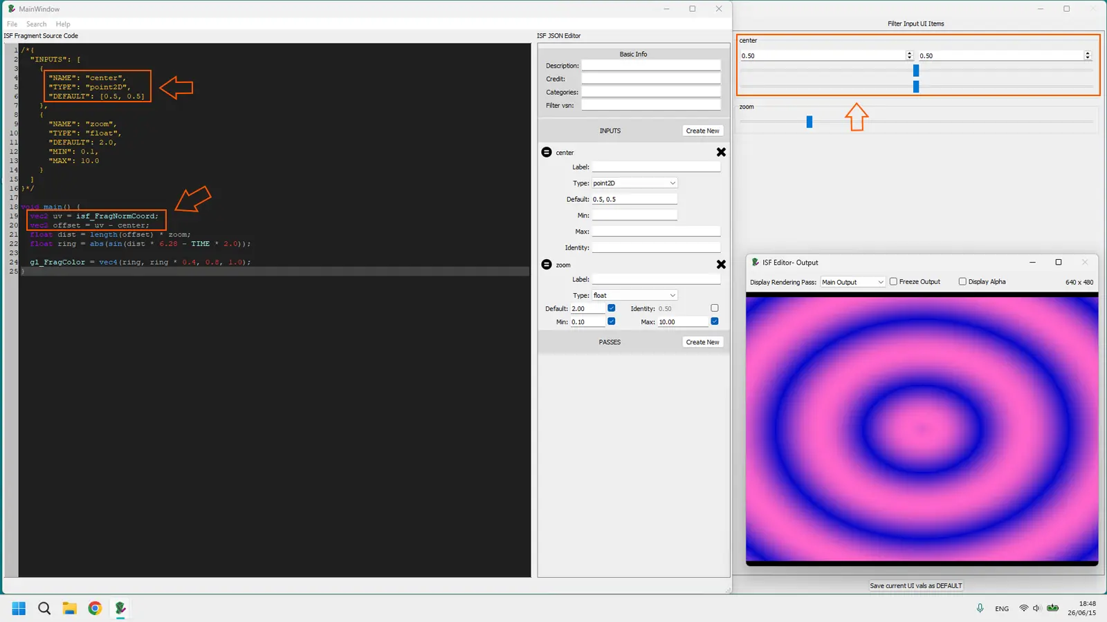 Visual diagram showing vec2 UV coordinate space in a shader with X axis horizontal and Y axis vertical labeled 0.0 to 1.0