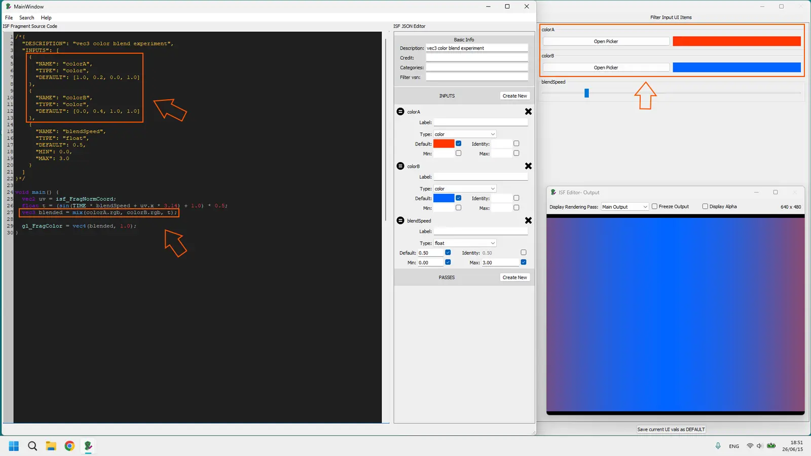 ISF shader showing vec3 used as an RGB color value with three float components mapped to red green and blue channels