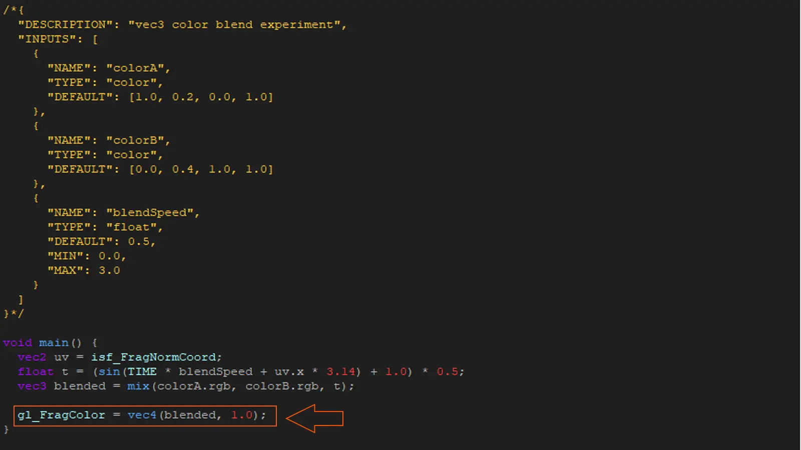 Code view of ISF shader showing gl_FragColor equals vec4 with red green blue and alpha channels labeled