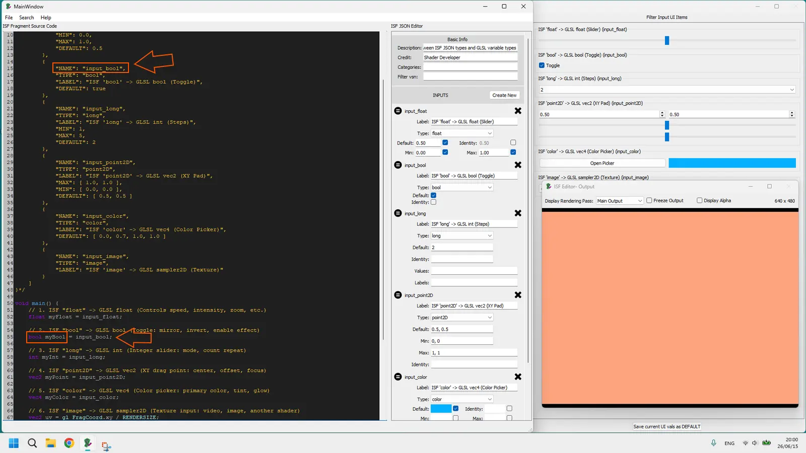 Side-by-side mapping of ISF JSON input types on the left and their corresponding GLSL data types on the right for float bool vec2 vec3 vec4